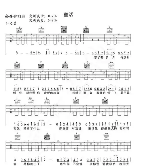 童话吉他谱-光良-c调原版六线谱