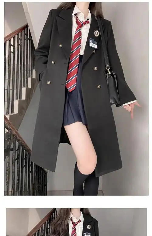 学院风外套毛呢jk制服外套大衣女2024年冬季新款黑色中长款风衣 - 17