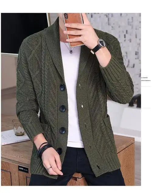 添光手工编织毛衣男开衫复古手工编织羊毛衣外套男士加绒加厚羊绒针织