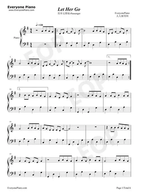 let her go-简单完整版五线谱预览1