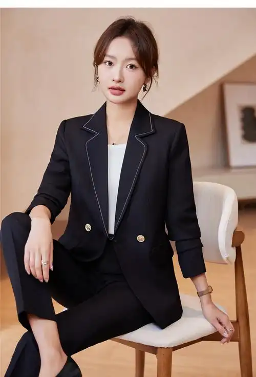 小西装长袖薄款时尚韩国显瘦竖条纹西服套装女帅气洋气英伦两件套