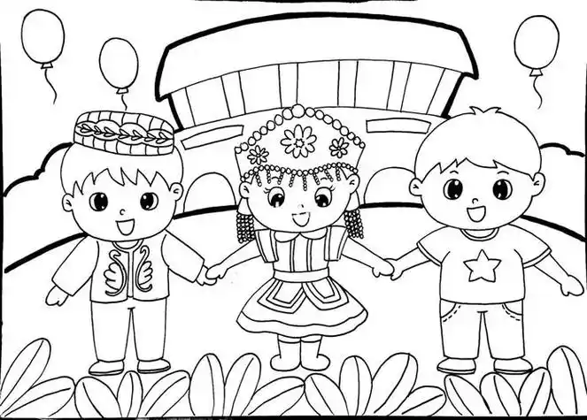 民族团结一家亲儿童画卡通画简笔画马克笔画