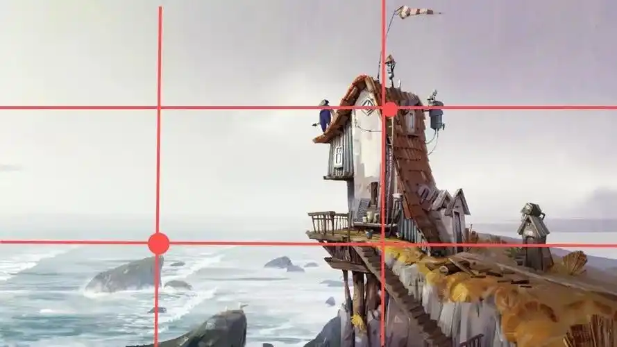 框式构图 井字构图 图片中的船杆把画面平分为两份,左面是老人与孩子