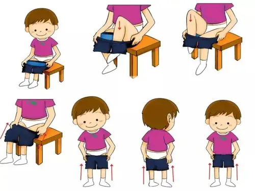 8,孩子独立完成穿裤子的所有步骤(图二——八).7.家长教孩子撑开裤腰.