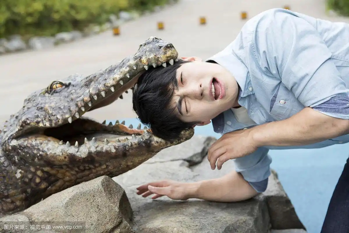 动物园里人假装被鳄鱼吃掉的照片
