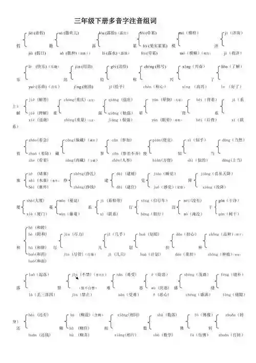 教科版语文三年级下册多音字注音组词