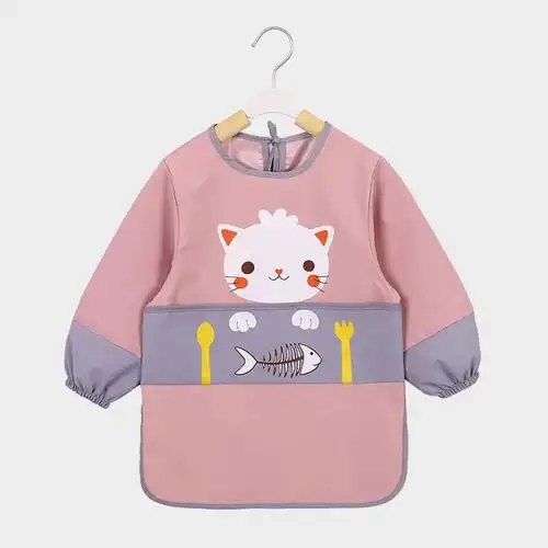 儿童罩衣全防水宝宝吃饭衣围兜春夏秋冬男女儿童长袖反穿衣护衣灰色