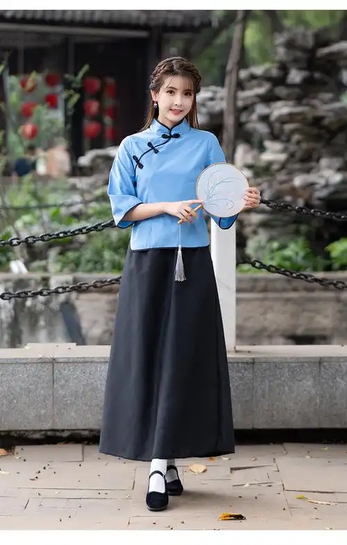 女五四青年装民国风女装中山装男班服舞台表演合唱服装全棉蓝上衣中