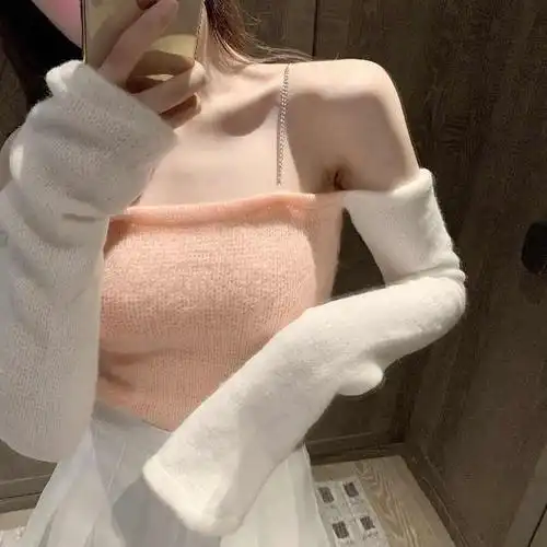 一折一字肩套装 高腰冬_秋长袖套装女冬季半身新款性感露肩一字领针织