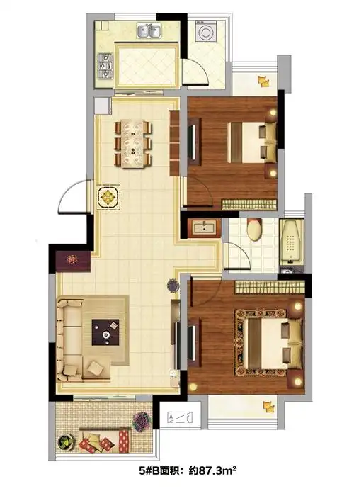5#b户型,两房两厅一卫,约87.3㎡