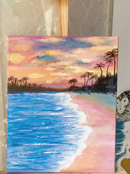 夏天落日海滩丙烯画教程