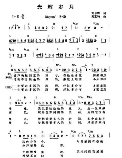 光辉岁月beyond歌曲简谱