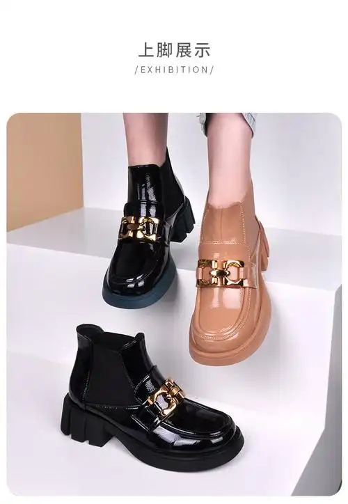 轩美诗女鞋 漆皮女单靴2022秋冬时装靴休闲粗跟短筒百搭韩版7120 黑