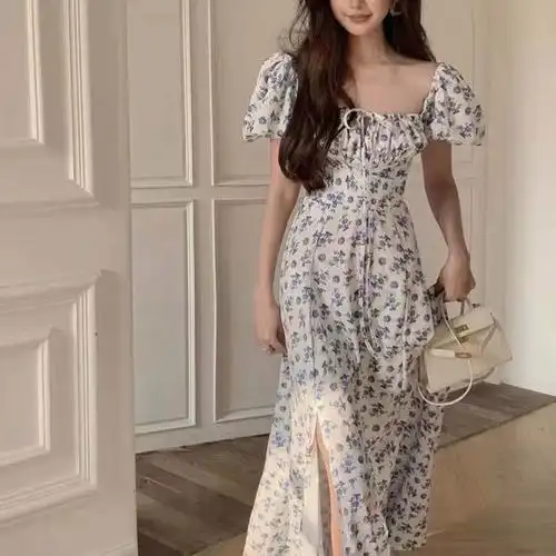 复古方领碎花泡泡袖连衣裙女夏季新款法式宽松显瘦开叉中长裙ins - 17