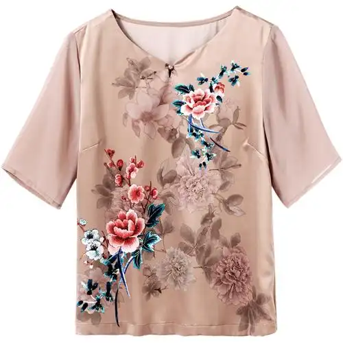 夏装新款中老女装印花真丝短袖t恤女宽松桑蚕丝上衣中年妈妈装薄【聚