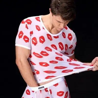 网纱超薄短袖上衣性感内衣 男圆领打底衫透明印花 情趣内衣内裤