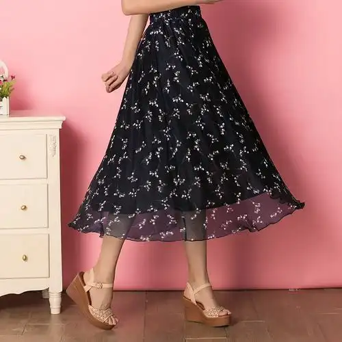 半身裙夏雪纺半身长裙女夏高腰波点印花飘逸仙女百褶裙大摆沙滩裙