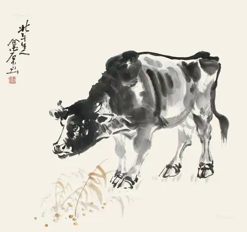 0055牛镜心设色纸本