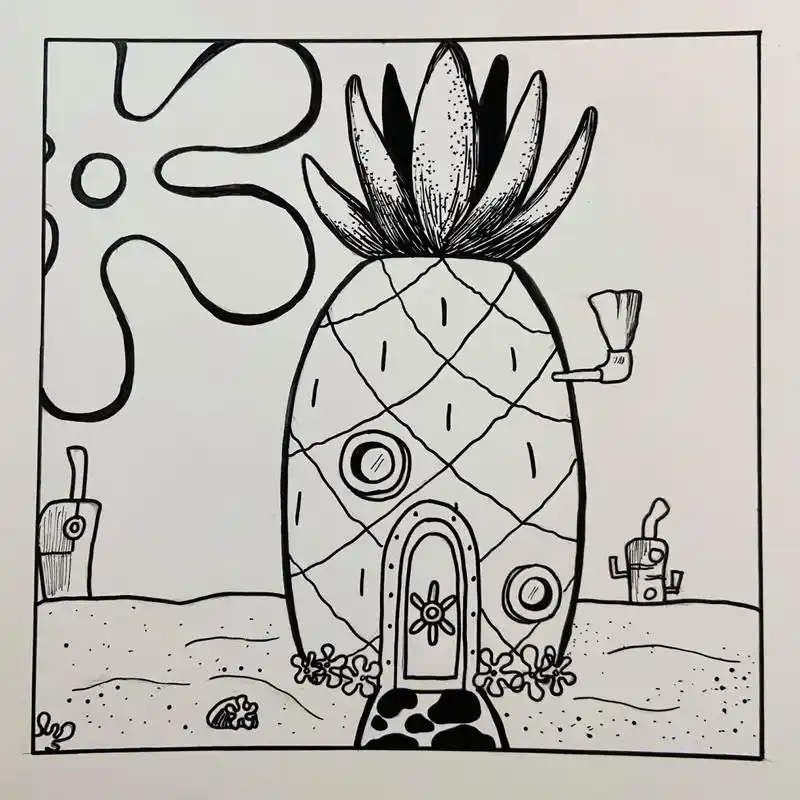 day 51 黑白简笔画|海绵宝宝的菠萝屋 太平洋比基尼沙滩比奇堡镇贝壳