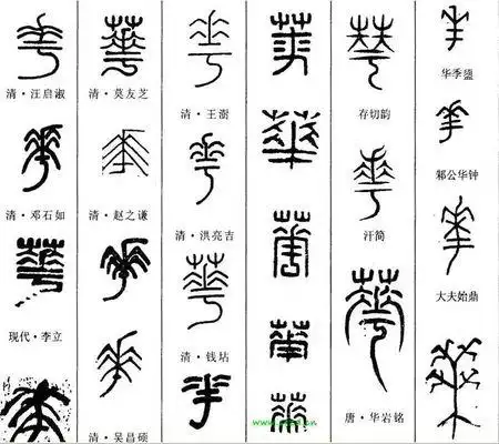 展开全部 这个是华字,古代"华""花"通假,是一个字,篆书写法有很多.
