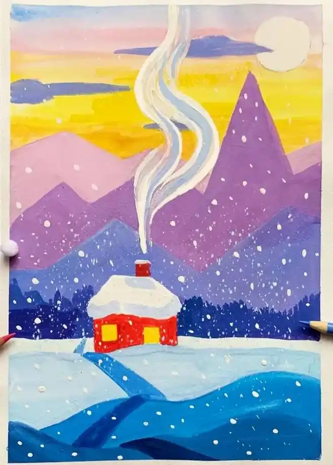 适合冬天画的水粉画.#小雪#跟着抖音学画画 #手绘 #儿童画 - 抖音