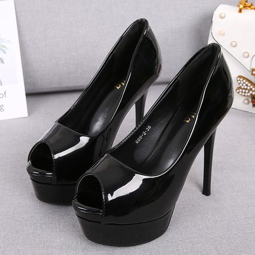 2022年恨天高夜店走秀鱼嘴超高跟鞋防水台漆皮女细跟黑色12-14cm