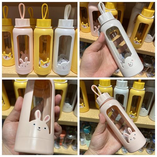 名创优品水杯玻璃杯miniso萌宠系列塑料保护套杯子300ml学生包邮