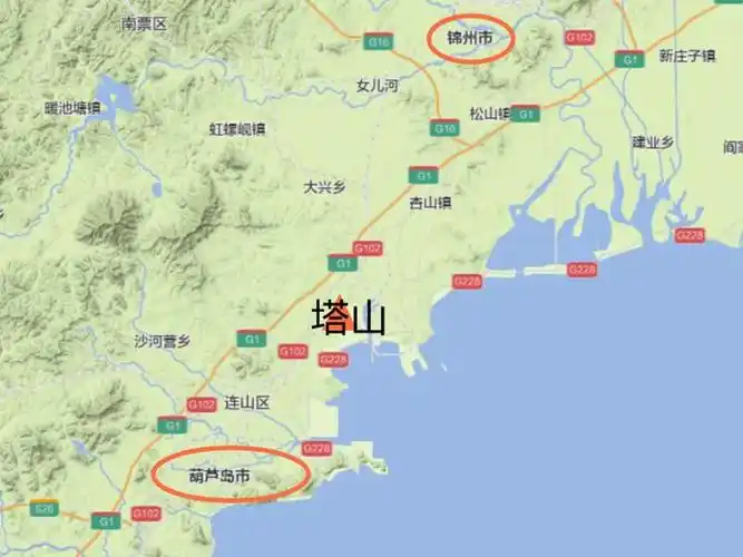 首先我们来看一下塔山的地理位置,塔山位于葫芦岛与锦州之间,东邻锦州