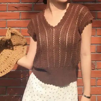 毛衣-包邮实拍复古chic镂空钩花编织宽松v领针织背心女-毛衣尽在