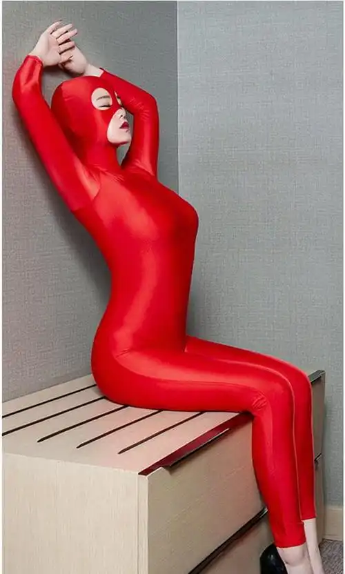 高弹油亮九分长袖背拉链包头露眼嘴连体紧身衣舞台表演连身衣