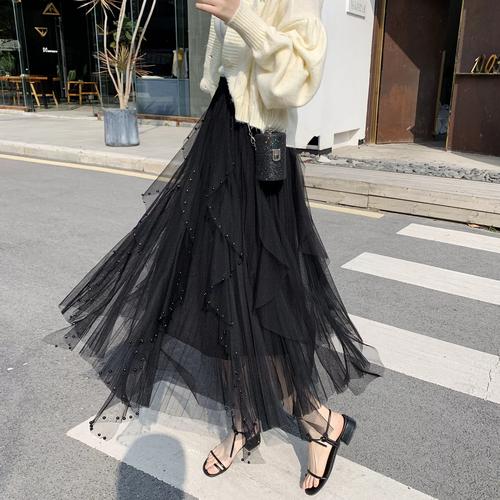 网纱半身裙女秋冬款洋气不规则大摆荷叶边百褶沙裙黑色加厚长裙子