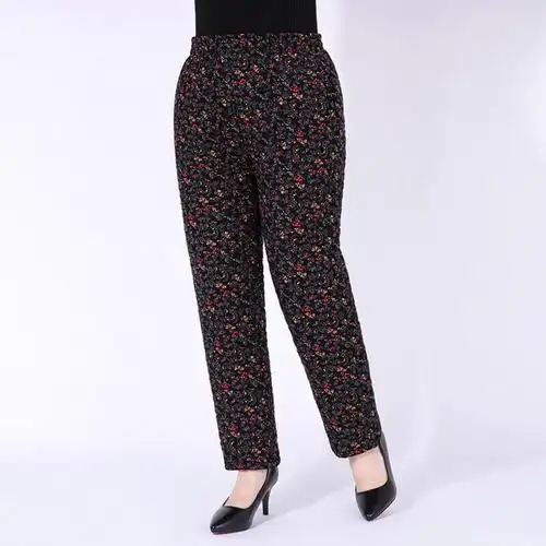 中老年人灯芯绒花棉裤松紧高腰夹棉加厚保暖休闲妈妈棉裤