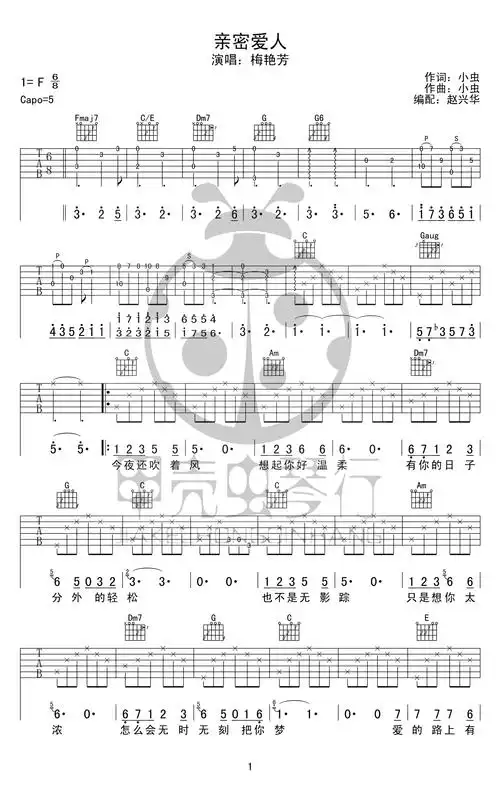 亲密爱人吉他谱_梅艳芳_高清六线谱_弹唱谱