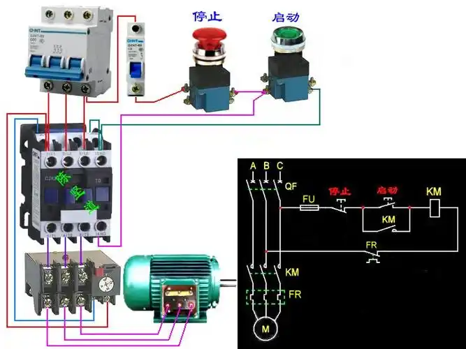 两个不自锁的按钮开关一个交流接触器,怎么实现一按启动和一按停止,不