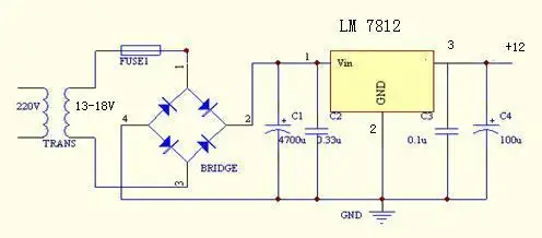把220v的交流电转化为输出电压为12v,电流为1a的直流稳压电源电路图