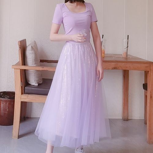 美腻~淡紫色梦幻亮片网纱仙女裙半身裙中长款2022年真丝百褶纱裙