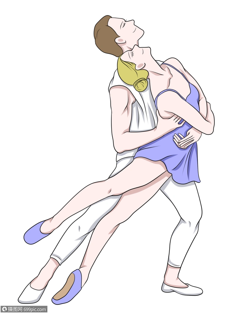 免抠元素 手绘/卡通元素 蓝白色芭蕾舞裙双人舞者.png