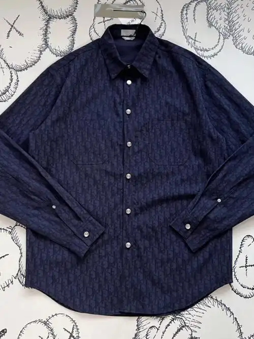 dior 男士 满身提花翻领牛仔衬衫  蓝紫色