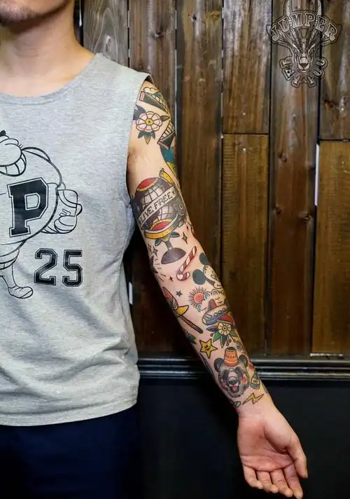 完整拼接花臂纹身图片手臂oldschool欧美彩色花臂拼接纹身图案