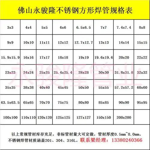 不锈钢方管规格表