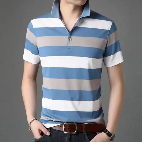 恒源祥棉质t恤男短袖中年条纹休闲体恤夏季时尚翻领polo衫男上衣视频