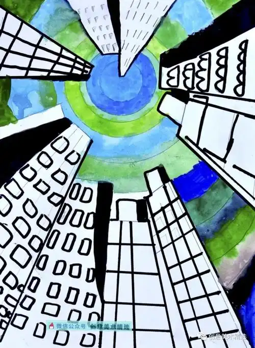 儿童画课例——《城市的天际线》,一点透视也可以很出彩!