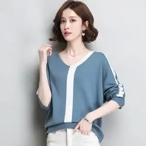 秋装2019新款女装初秋v领上衣服宽松冰丝针织打底衫女薄款长袖t恤