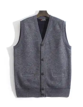 毛衣背心男带扣士加绒加厚马甲中老年宽松大码秋冬色针织毛线衫坎肩浅