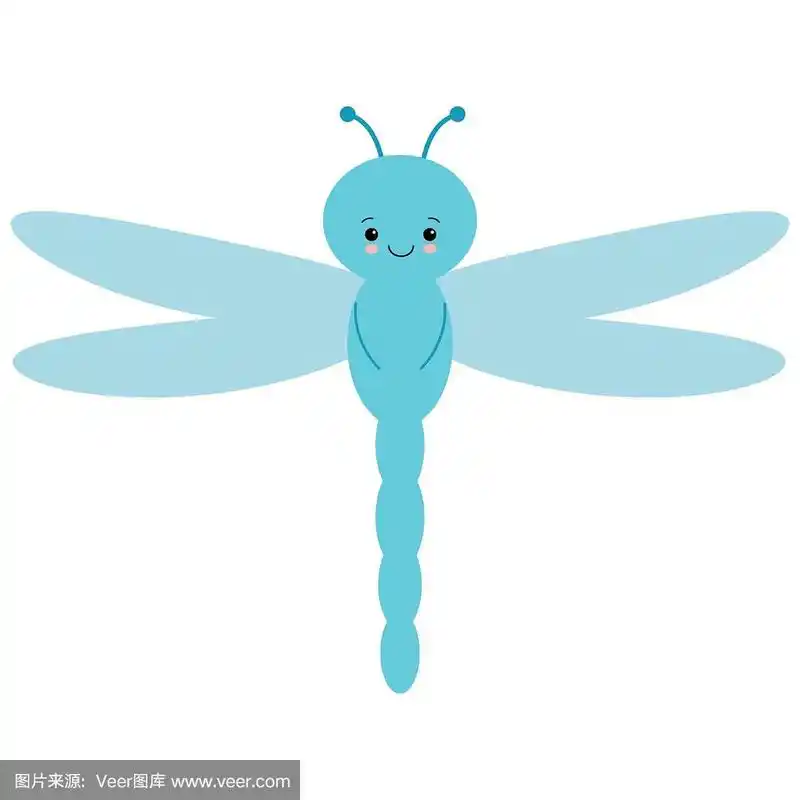 可爱的卡通蜻蜓在飞.儿童矢量图片.透明的蓝色翅膀.一个美丽的昆虫.