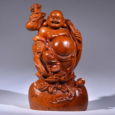 高档黄花梨木雕弥勒佛像摆件大号实木全家福笑佛招财客