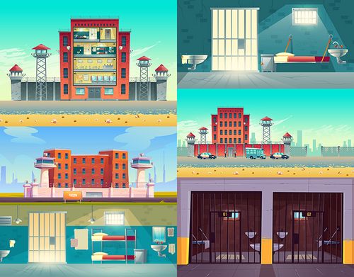 监狱插画 卡通牢狱牢房囚犯住所场景海报背景 ai格式矢量设计素材