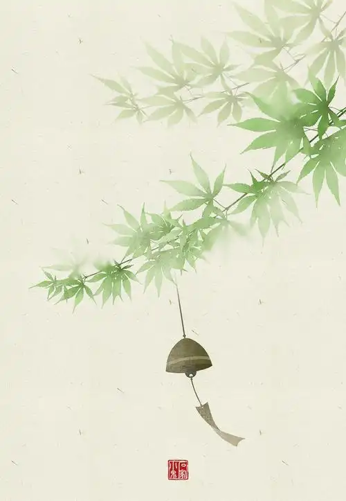 绿枫叶铃铛古风插画