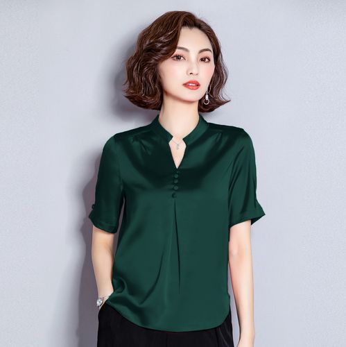 真丝时尚领显洋气妈妈恤小上衣半袖蚕丝桑蚕衬衫