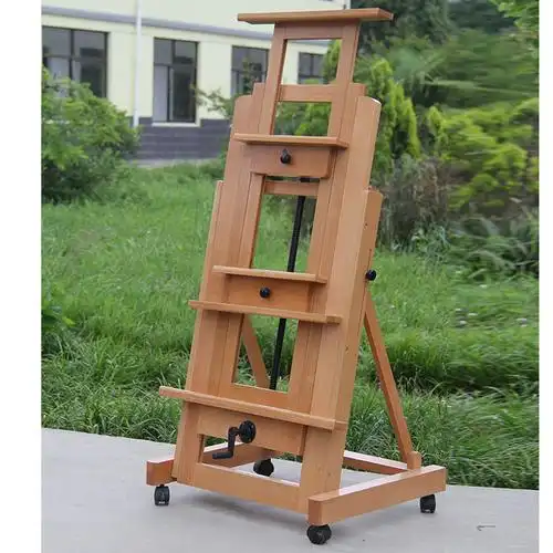 榉木单摇杆画架 手摇大型落地油画画架 实木原木色美术画板画架图片